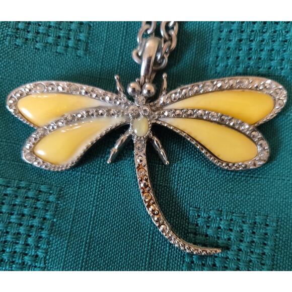 DragonFly Bug Necklace Costume Jewelry Yellow Silver Tone Good Luck Rhinestones - Picture 1 of 11